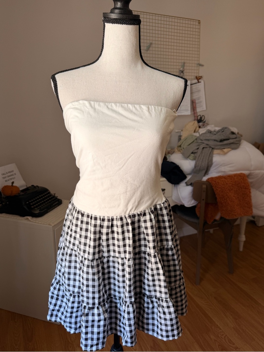Cream Strapless Top with Black & White Gingham Tiered Skirt